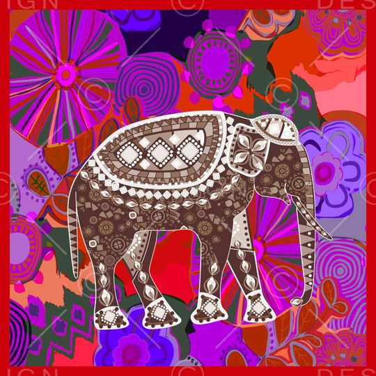 边框 插画 个性 大象 装饰效果 方巾印花华亿平台图片