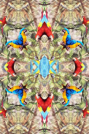 热带风情 椰子树 植物 对称 镜像 鹦鹉 鸟 方巾印花华亿平台图片