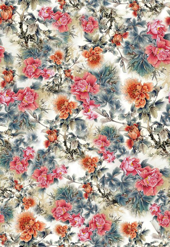 工笔画 中国风 牡丹 写意 小花 清新 淡雅印花华亿平台图片