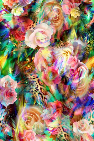 迷人花卉 炫彩 数码 写实 照片 多彩 满底 豹纹 光感 光线印花华亿平台图片