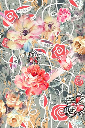 复古 花卉 插画印花华亿平台图片