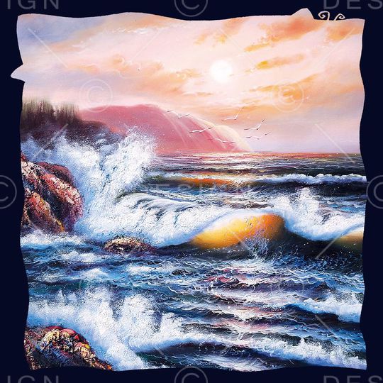 边框 油画 风景 海景 海浪 方巾印花华亿平台图片