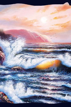 边框 油画 风景 海景 海浪 方巾印花华亿平台图片