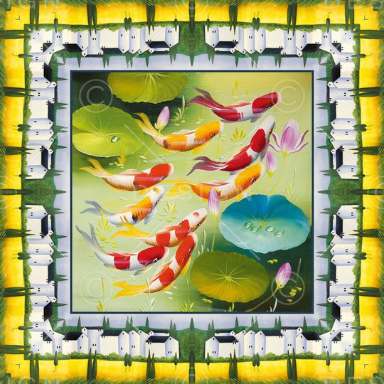 边框 方巾 鱼 荷叶 荷花 数码印花华亿平台图片