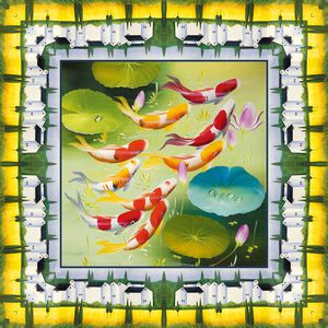 边框 方巾 鱼 荷叶 荷花 数码印花华亿平台图片