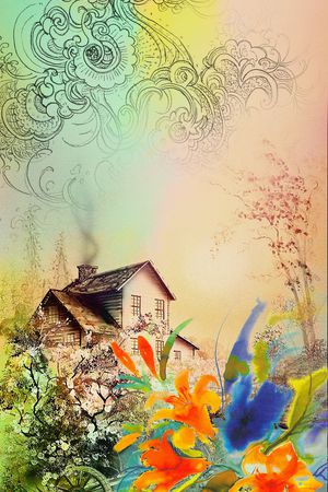 定位 插画 花卉 房屋 温馨印花华亿平台图片