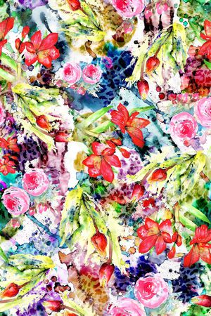 水彩 花卉 豹纹 多彩 花朵印花华亿平台图片