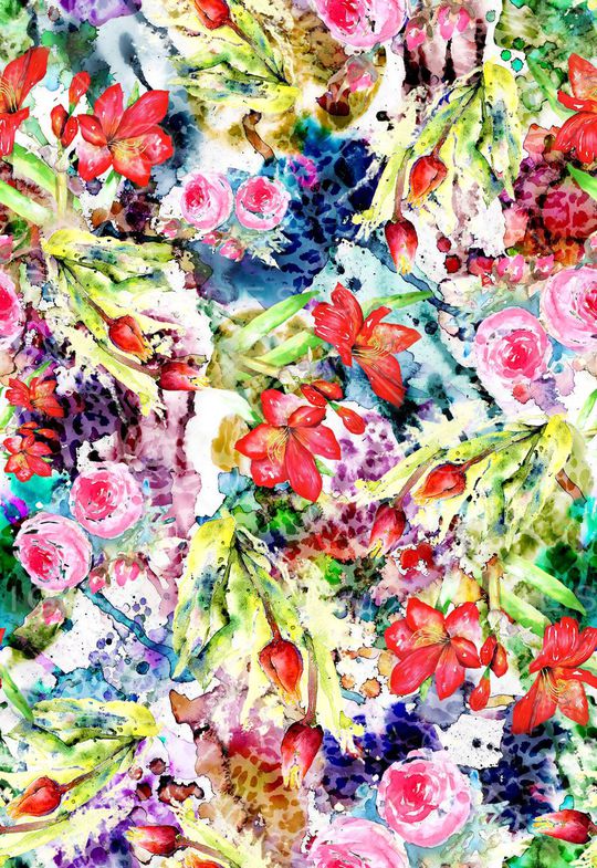 水彩 花卉 豹纹 多彩 花朵印花华亿平台图片