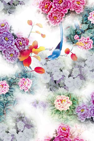 中国风 水墨 工笔 牡丹 花鸟 清新 淡雅印花华亿平台图片