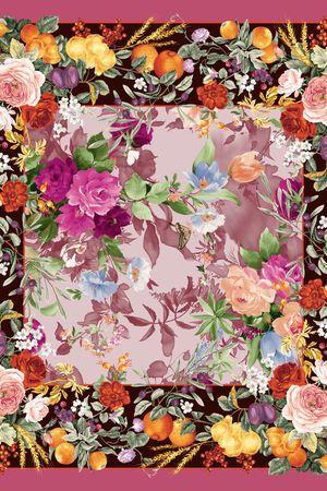 方巾 花卉 油彩 边框印花华亿平台图片