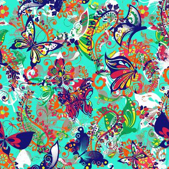 257081-缤纷蝴蝶花卉鲜艳组合印花华亿平台