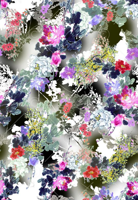 中国风 水墨 花卉印花华亿平台图片