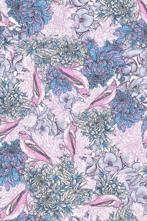 清新 淡雅 花卉 菊花 小鸟 矢量效果印花华亿平台图片