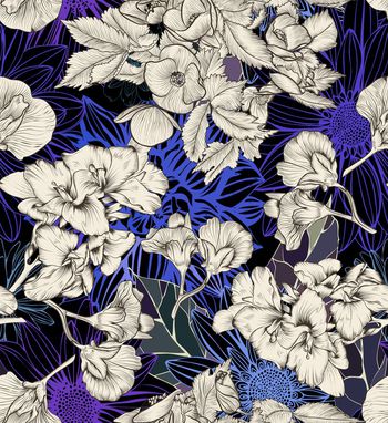 263182-暗夜黑底水墨复古花卉复叠组合印花