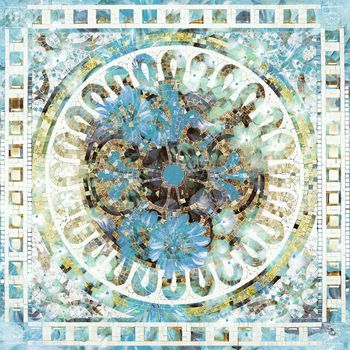 263358-扎染效果民族图案斑驳花卉印花方巾