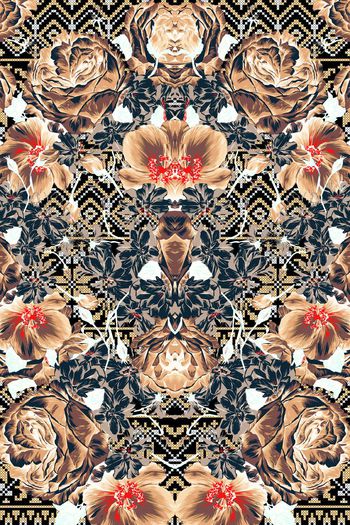 263369-前幅定位花怀旧民族写实花卉对称印花