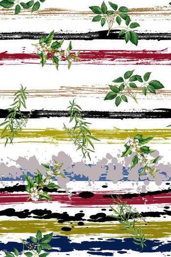 281792-WT233水墨笔触条纹植物组合印花