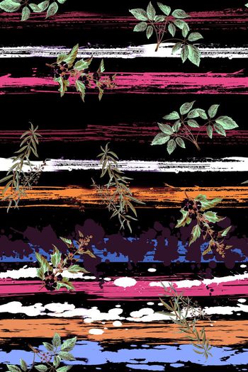 281794-水墨笔触条纹植物组合印花