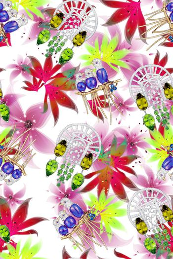 289365-欧式复古珠宝蜂鸟花园透明花卉华亿平台