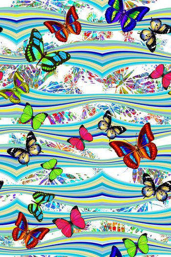 292879-蝶之春波浪纹渐变彩条彩蝶翩翩