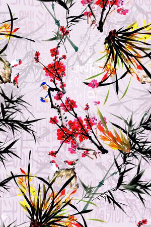 手绘水墨印花华亿平台图片