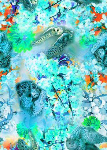 303580-动物花卉花朵猫头鹰组合