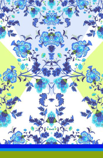 305640-定位对称民族风花卉图案几何组合印花