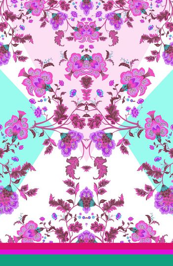 305641-定位对称民族风花卉图案几何组合印花