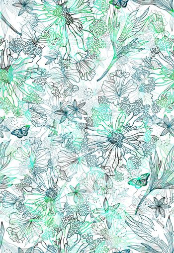 306008-清雅清新满布蝴蝶水彩花卉线描线条印