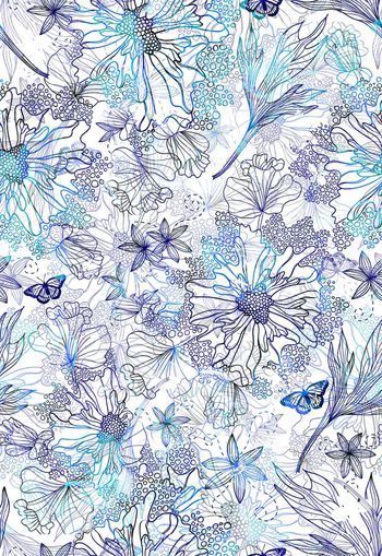 306009-清雅清新满布蝴蝶水彩花卉线描线条印