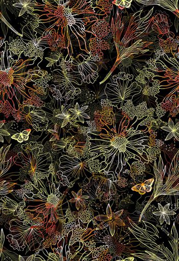 306010-清雅清新满布蝴蝶水彩花卉线描线条印