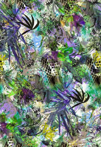 306032-神秘蛇纹蕾丝森林花卉组合热带休闲印