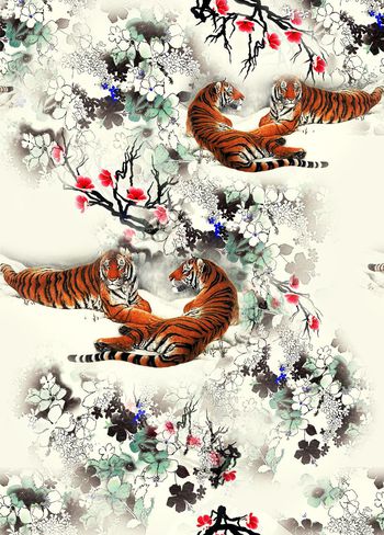 306085-虎与花卉组合