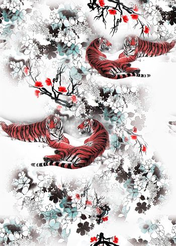 306086-虎与花卉组合