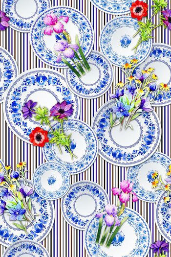 306999-玛丽春天野餐风格欧式青花磁盘鲜花装