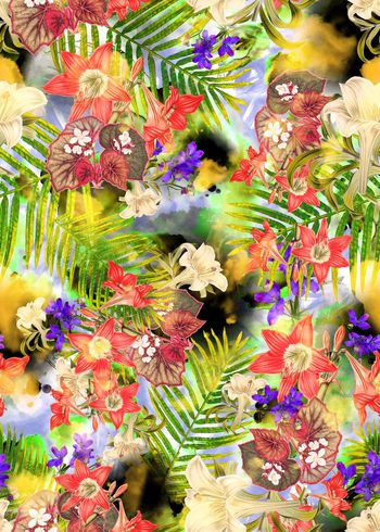 308618-多彩热带水彩花卉花朵组合