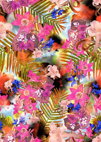 308619-多彩热带水彩花卉花朵组合