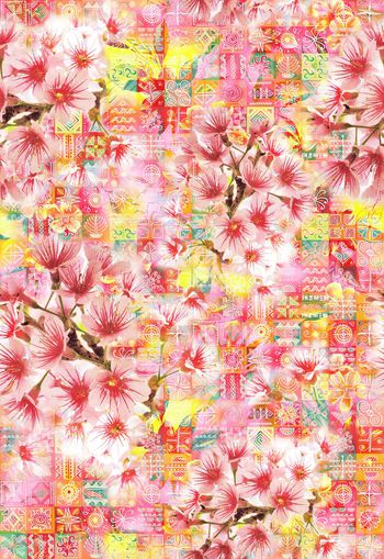 309870-清新民族风几何图案花卉组合印花