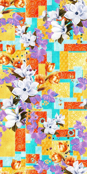 311204-复古几何拼贴底纹手绘油画风格白色花