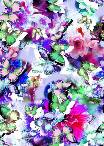 312291-多彩水彩效果花卉花朵蝴蝶组合
