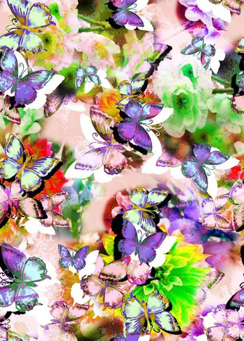 312292-多彩水彩效果花卉花朵蝴蝶组合