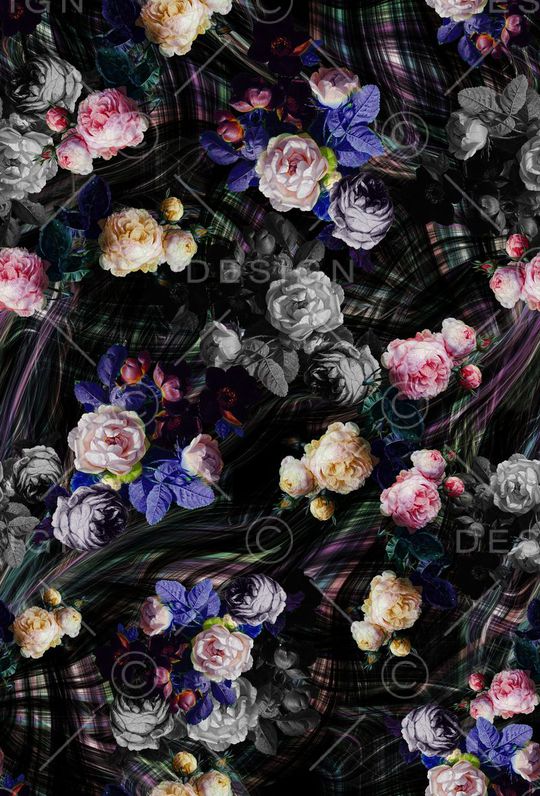 黑底花卉印花华亿平台图片