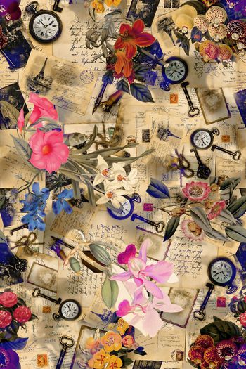 323732-复古钥匙花卉文字地图花卉组合