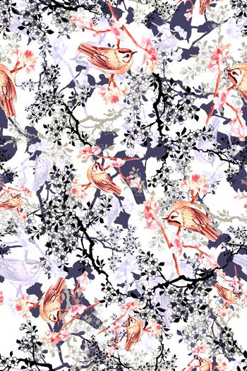 327671-清爽花卉鸟树枝组合