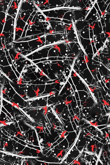 329770-抽象树枝几何点小鸟麻雀组合印花