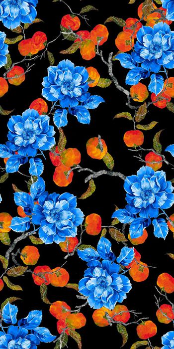 330581-盛夏果实柿子手绘靛蓝花卉大花