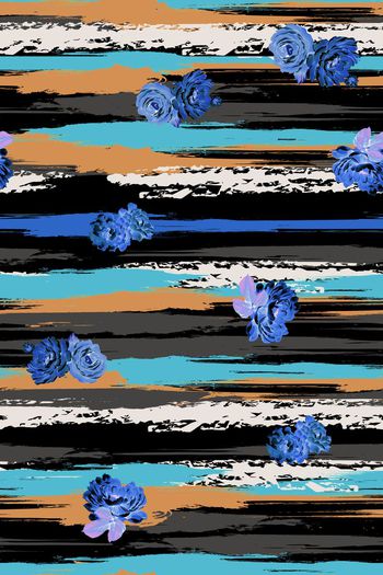 333768-水墨笔触横条彩色花卉组合印花