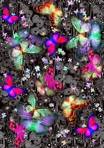 335258-彩蝶夜舞抽象花卉田园小花蝴蝶恋花