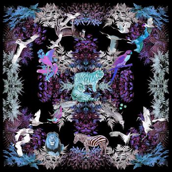 335321-欧式大牌风热带丛林野兽动物雀鸟印花