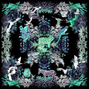 335322-欧式大牌风热带丛林野兽动物雀鸟印花